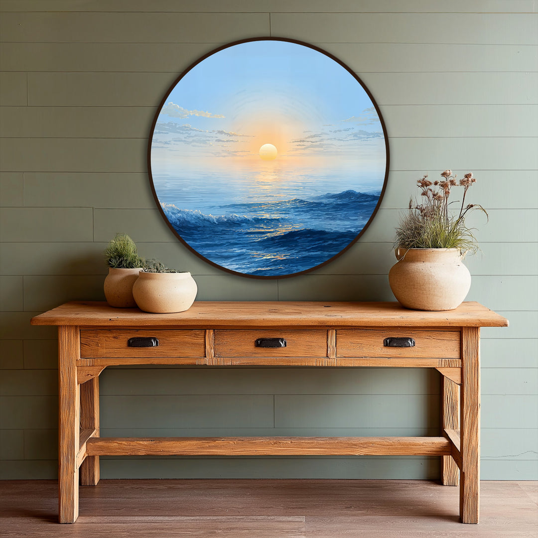 Incredibly realistic detail captures the essence of the Golden Horizon Waves, a round oil painting home decor piece depicting a serene seascape with a sunlit horizon.