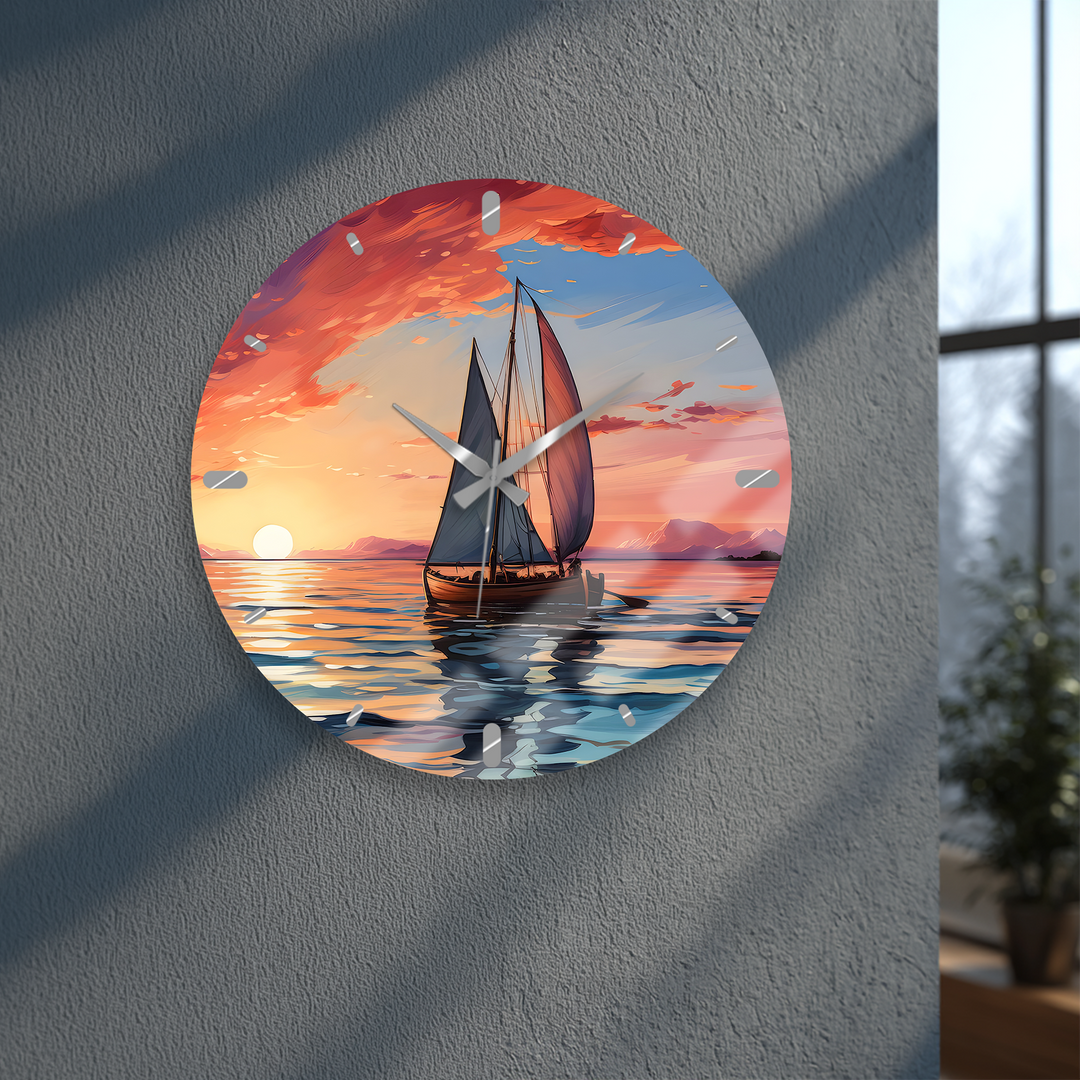 Sunset Sailboat Glass Wall Clock – Coastal Nautical Decor