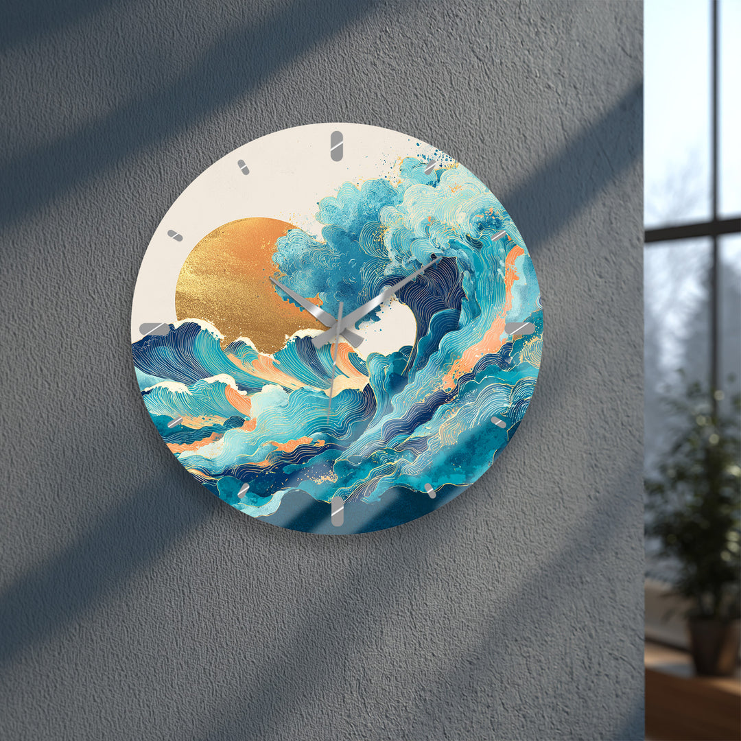 Japanese Wave Glass Wall Clock – Blue Ocean Sunset Art Decor