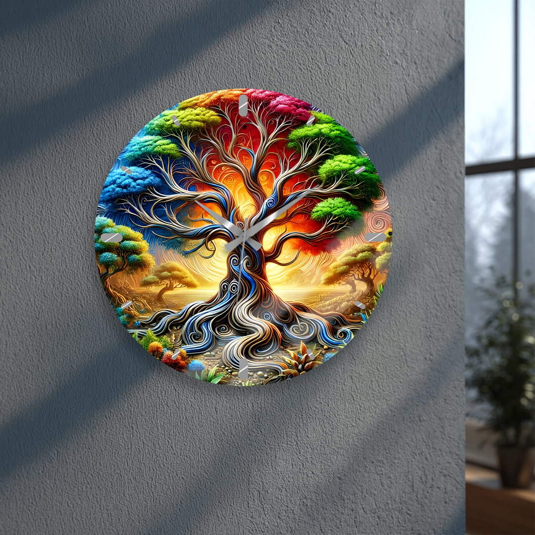 Colorful Tree of Life Glass Wall Clock – Fantasy Nature Decor