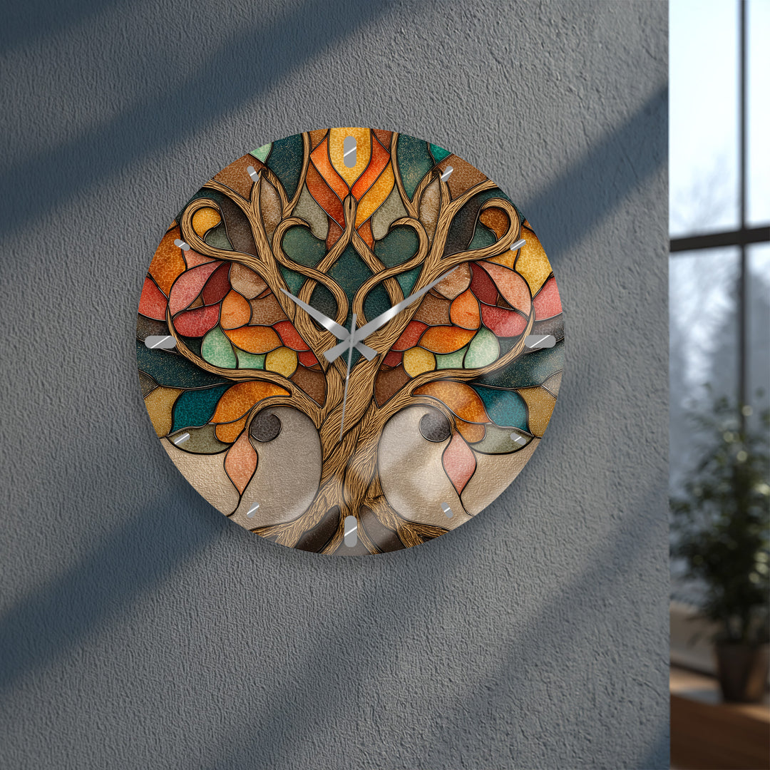 Autumn Tree of Life Glass Wall Clock – Stained Glass Style Decor
