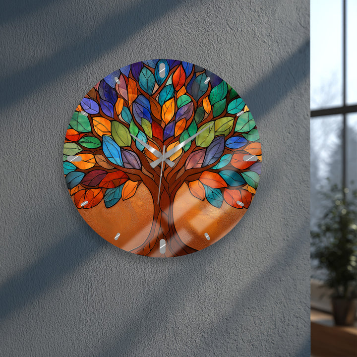 Bunte Glas-Wanduhr „Baum des Lebens“ – Buntglas-Stil