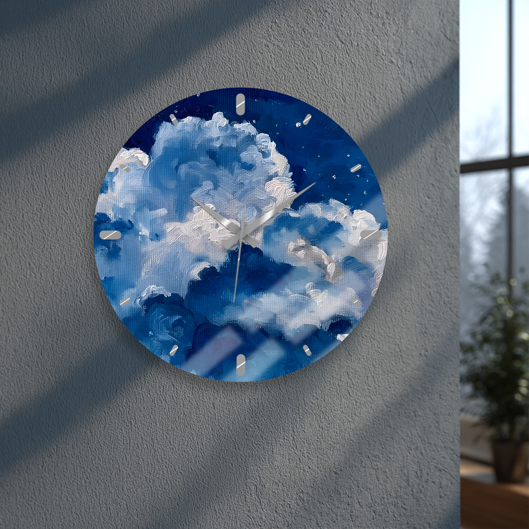 Blaue Wolke Glaswanduhr – abstrakte Himmelswanddekoration