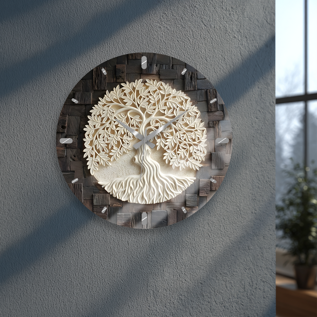 Tree of Life Glass Wall Clock – Rustic Wood Look Decor