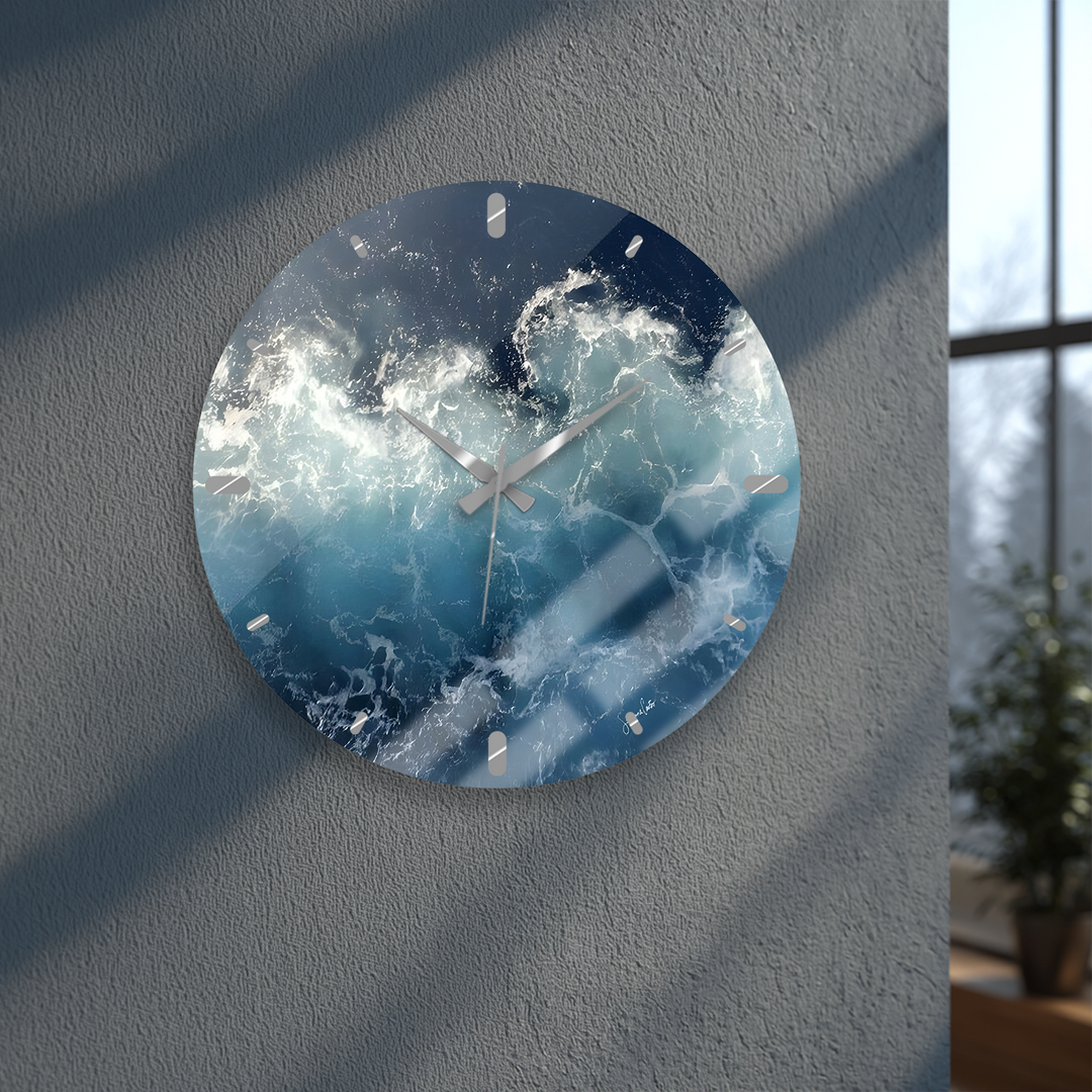 Ozeanwellen-Glaswanduhr – Küstenblaue Wanddekoration