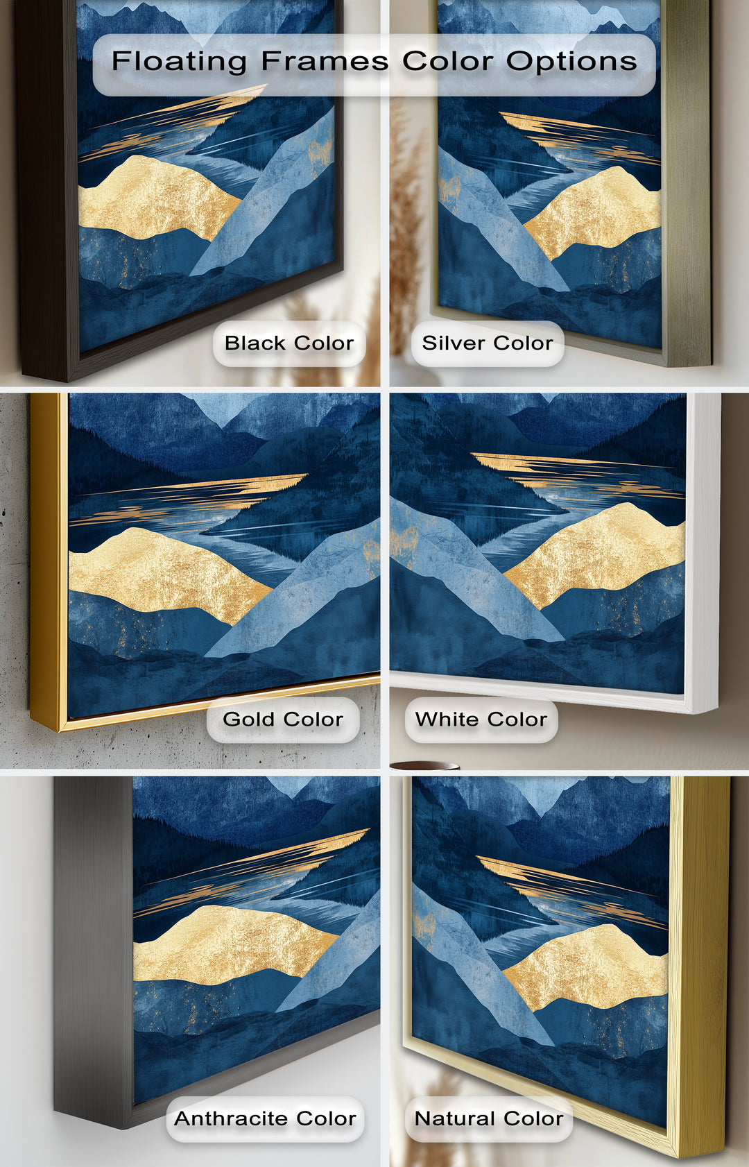 Golden Horizon – Abstract Blue Mountain Landscape Oil Painting