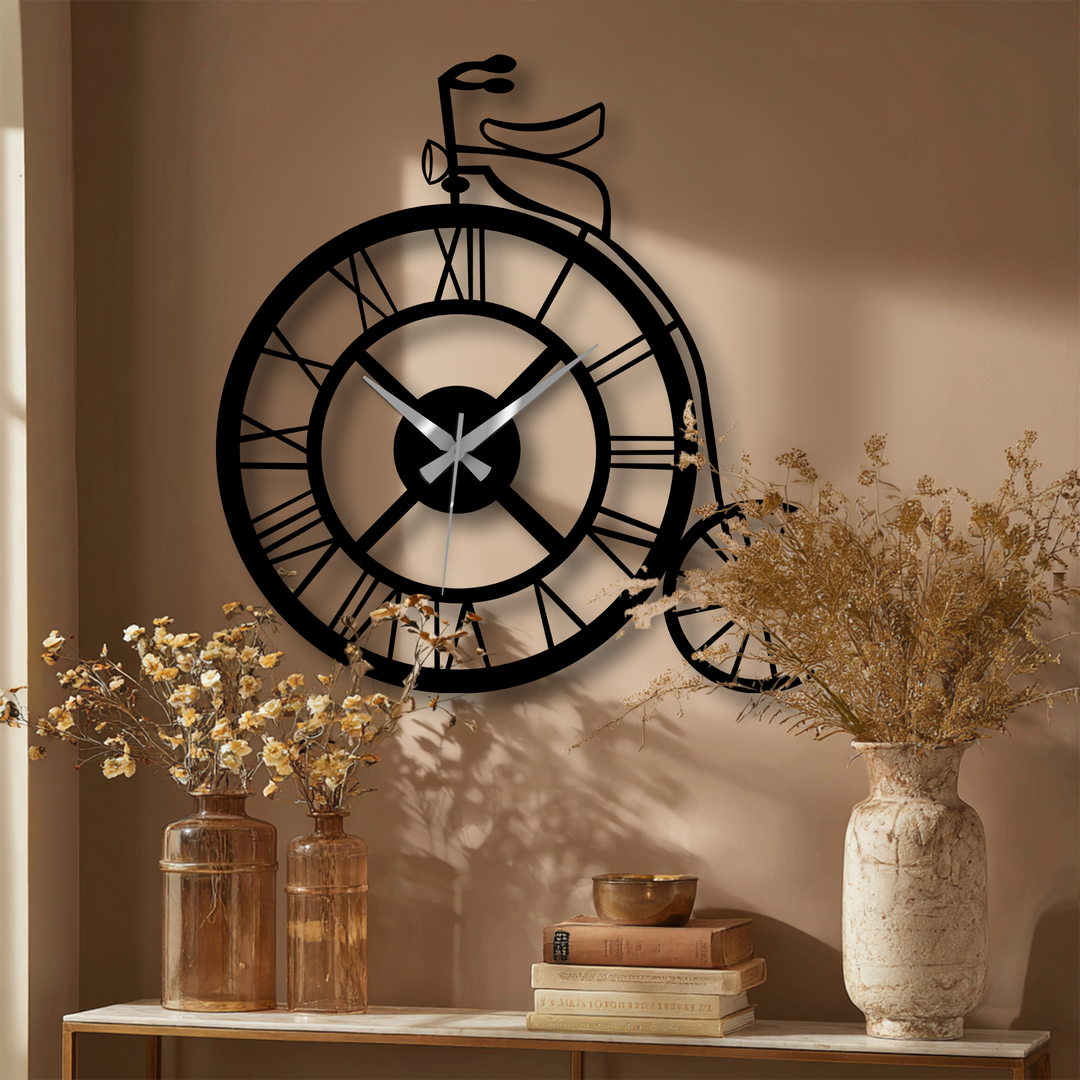Shadowy contours define this vintage bicycle metal wall clock, a striking piece of decorative wall art with elegant Roman numerals.