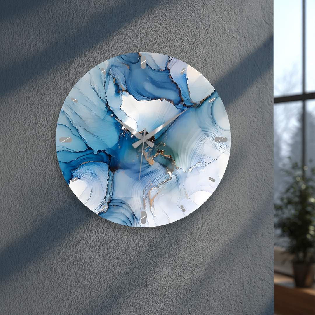 Blaue Marmorglas-Wanduhr – Abstraktes fließendes Kunstdekor