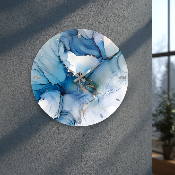 Blaue Marmorglas-Wanduhr – Abstraktes fließendes Kunstdekor