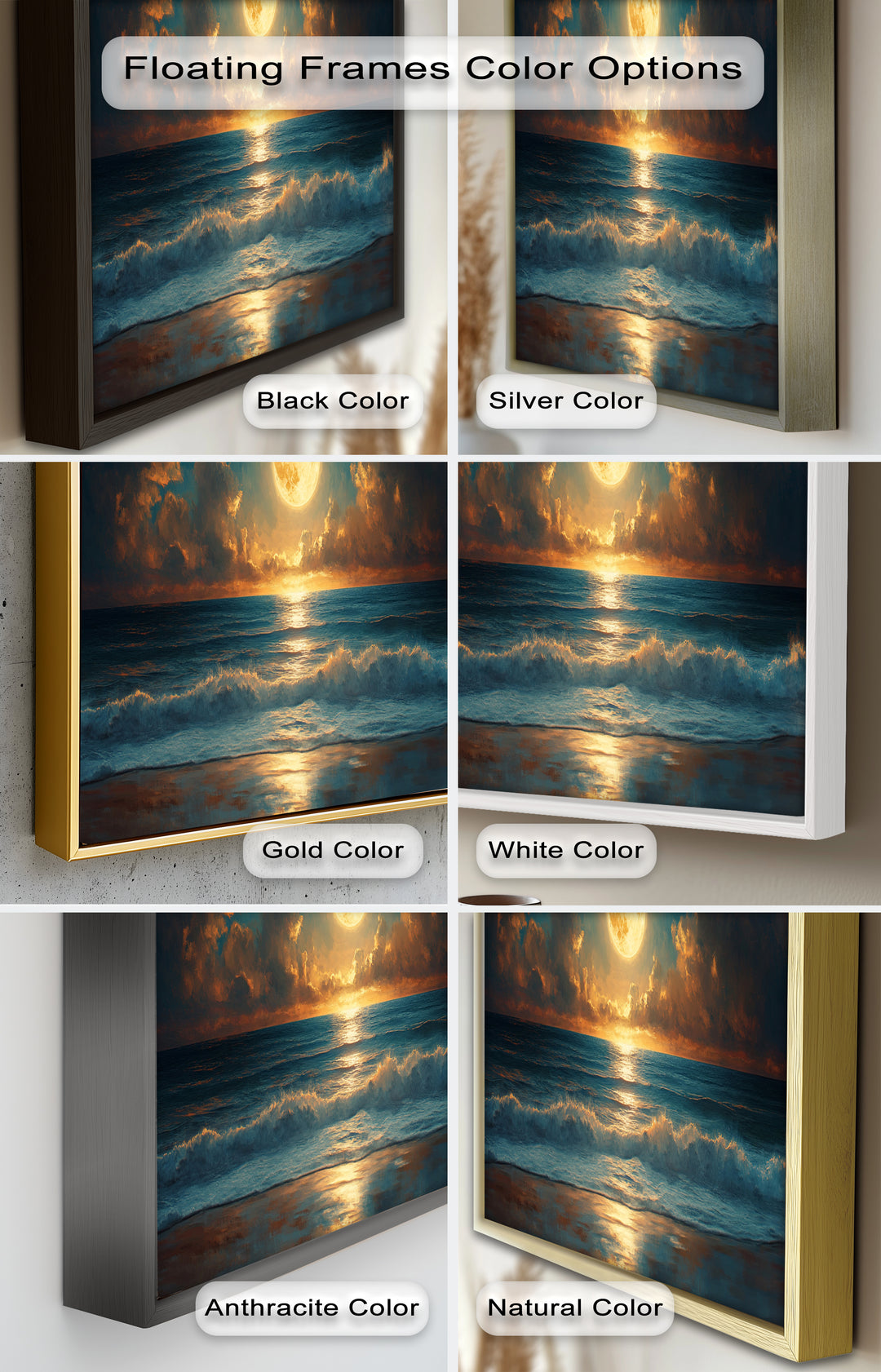 Ocean Night Wall Art Decor - Full Moon Seascape Oil Painting