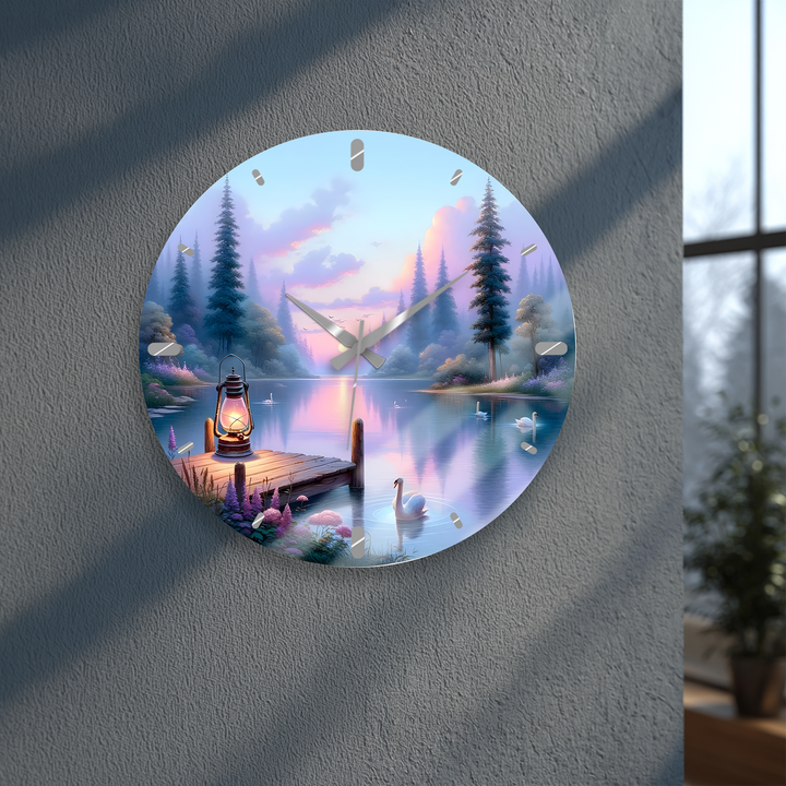 Swan Lake Glass Wall Clock – Pastel Forest Landscape