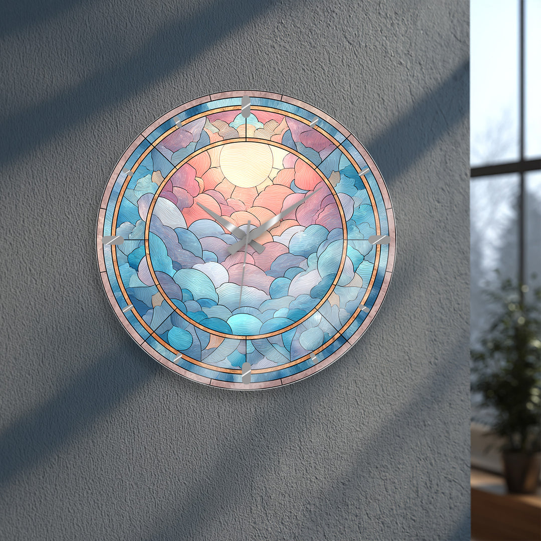 Pastel Cloud Glass Wall Clock – Stained Glass Style Decor