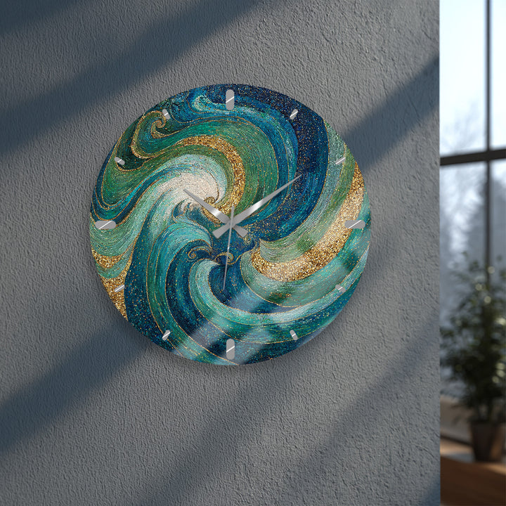 Türkisfarbene Mosaik-Glas-Wanduhr – abstraktes Wirbeldekor