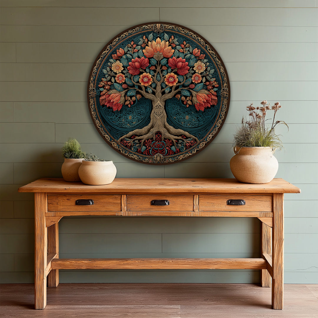 High color saturation enhances this ornate bloom tree, a round wooden oil painting artwork featuring intricately detailed floral elements.