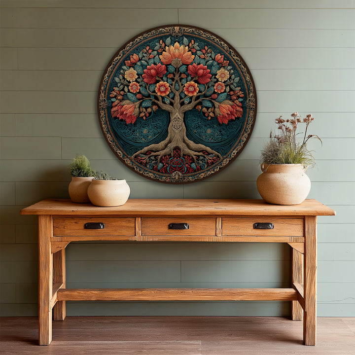 High color saturation enhances this ornate bloom tree, a round wooden oil painting artwork featuring intricately detailed floral elements.