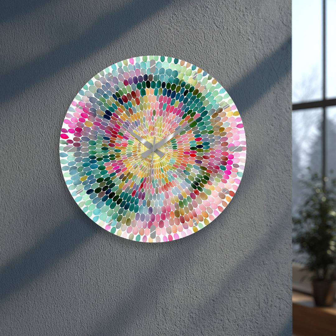 Colorful Mandala Glass Wall Clock – Rainbow Mosaic Decor