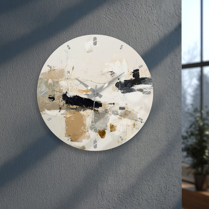Neutral Abstract Glass Wall Clock – Black and Beige Modern Art