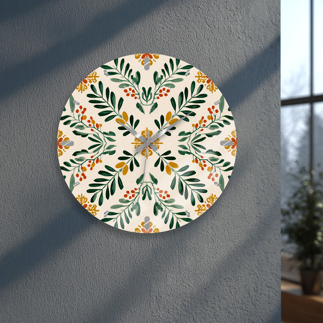 Botanical Glass Wall Clock – Green Leaf Farmhouse Decor
