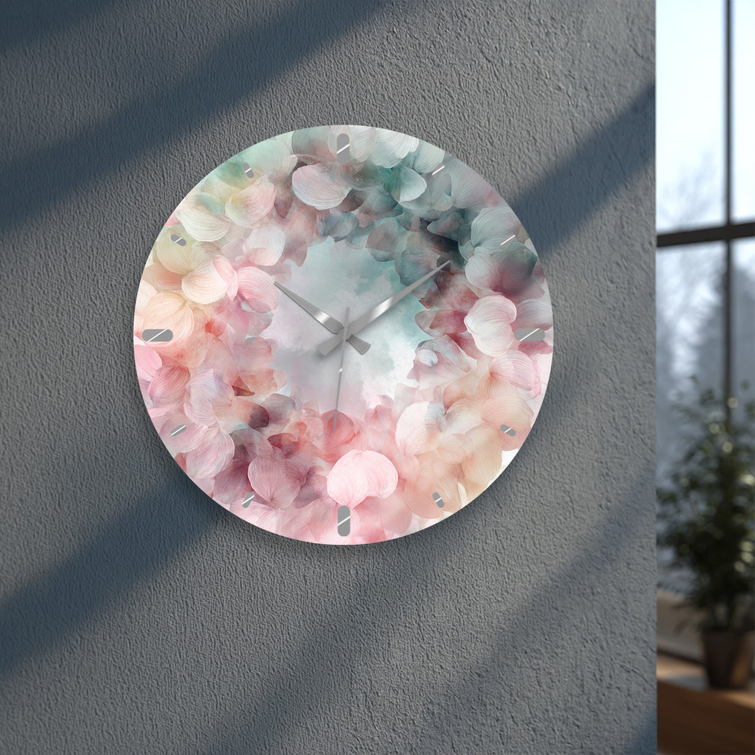 Pastel Hydrangea Glass Wall Clock – Pink Floral Wreath Decor