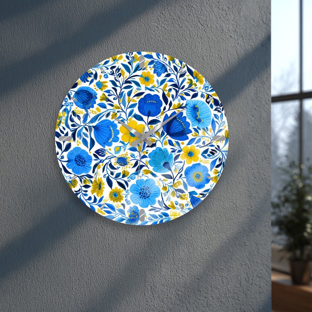 Blue and Yellow Floral Glass Wall Clock – Botanical Decor