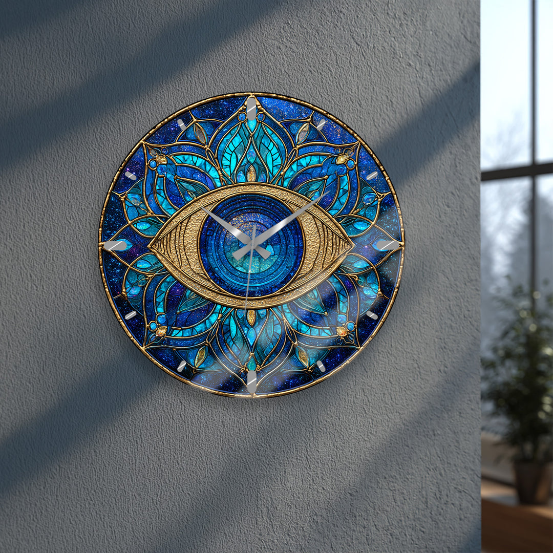 Evil Eye Glass Wall Clock – Blue Mandala Wall Decor