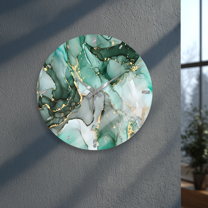 Emerald Green Marble Glass Wall Clock – Gold Accent Decor