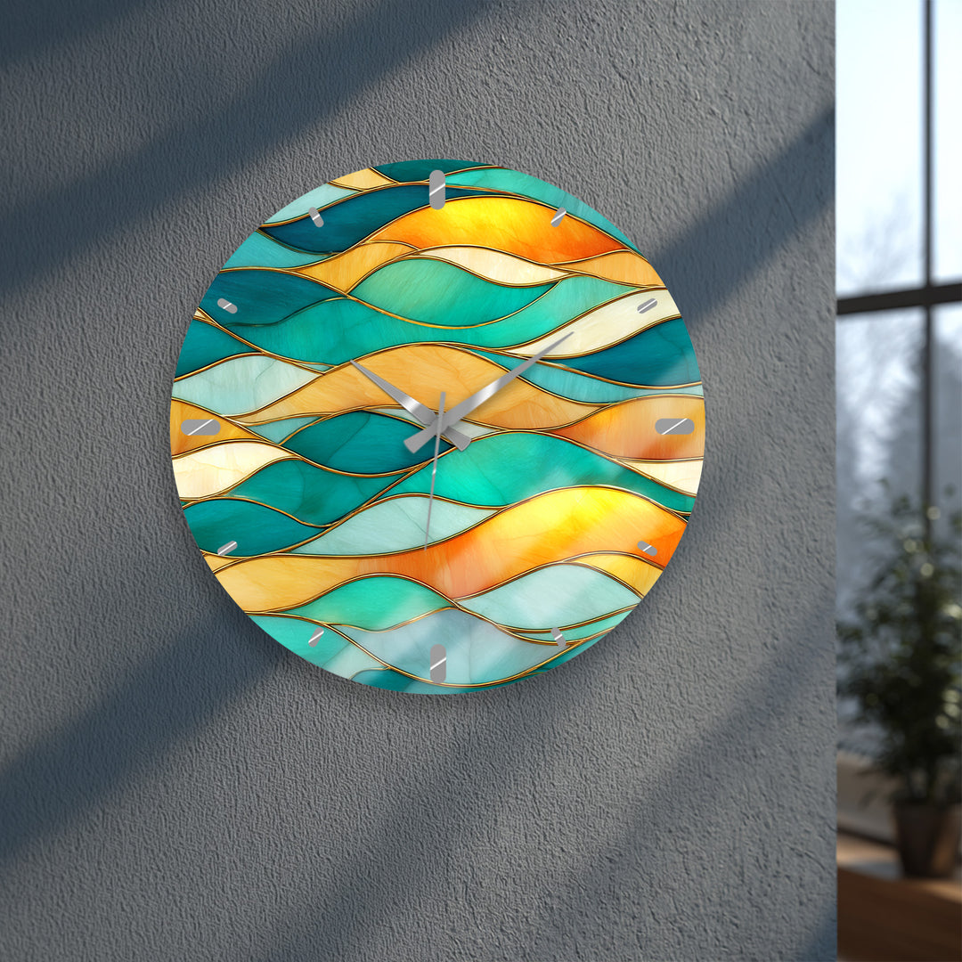 Turquoise Wave Glass Wall Clock – Abstract Stained Glass Decor