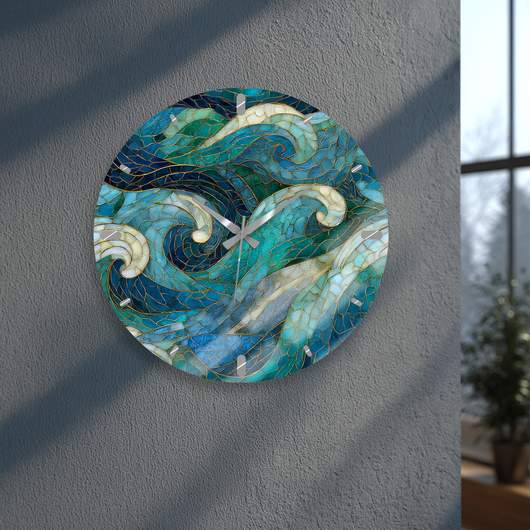 Blue Wave Glass Wall Clock – Abstract Stained Glass Style