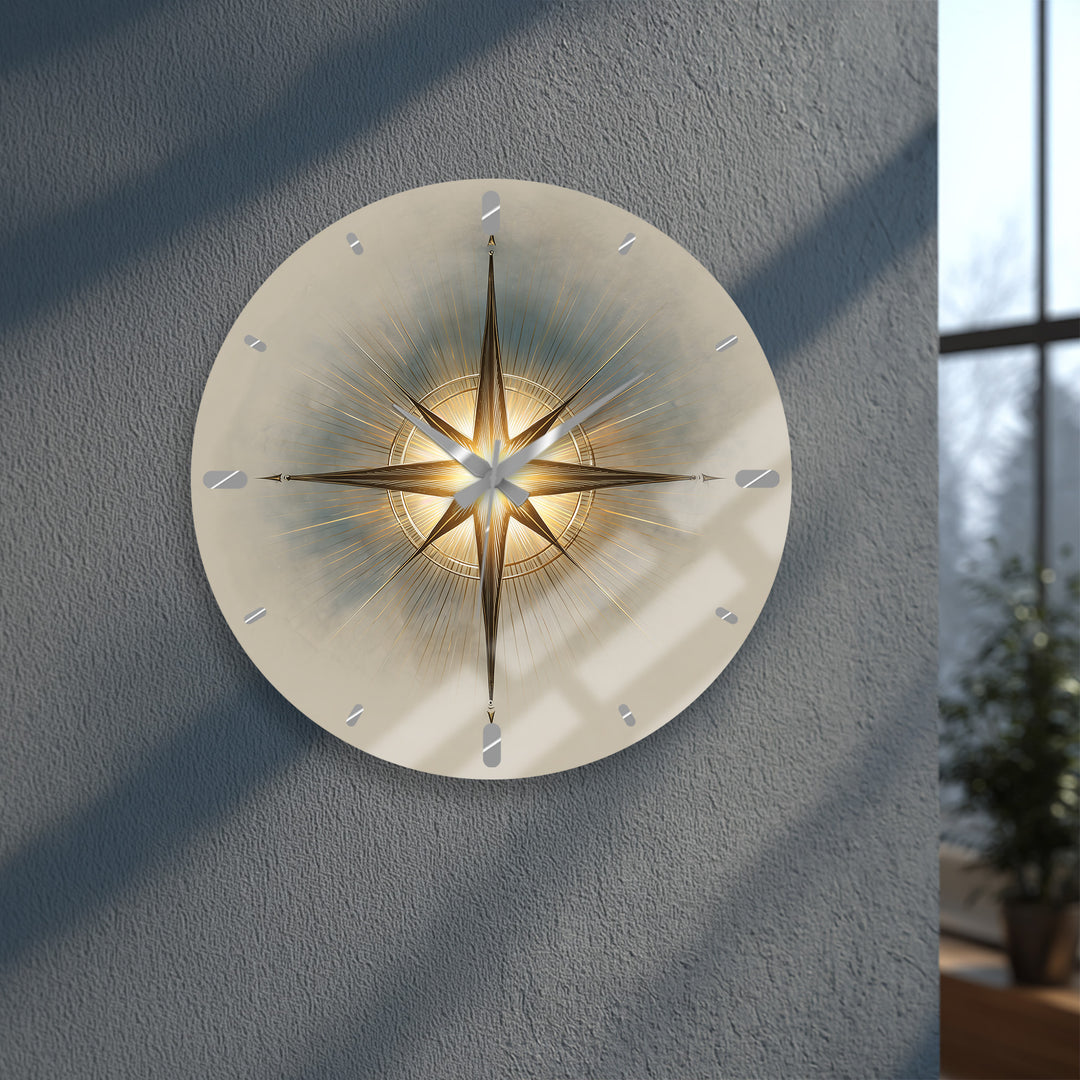 Gold Compass Rose Glass Wall Clock – Elegant Nautical Decor
