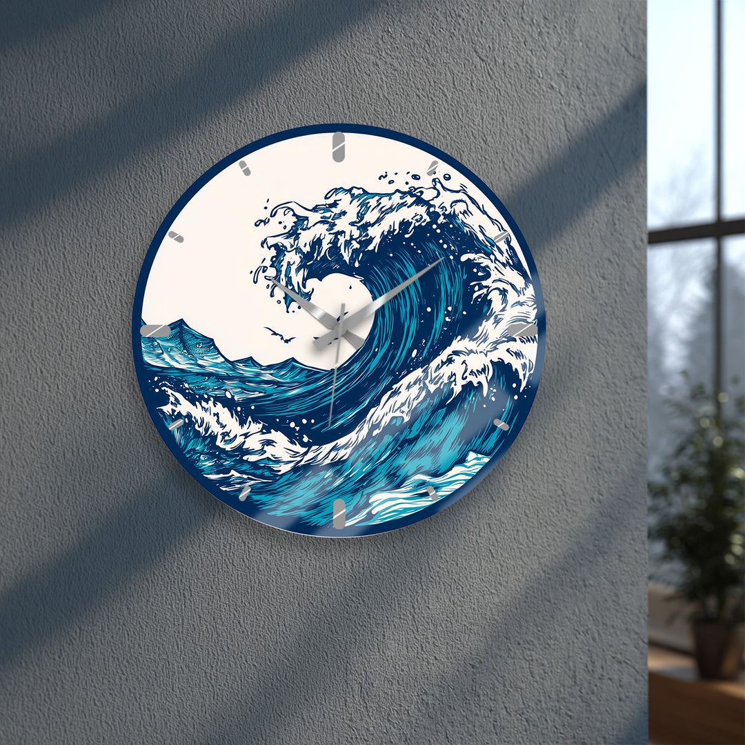 Japanese Wave Glass Wall Clock – Blue Ocean Coastal Decor