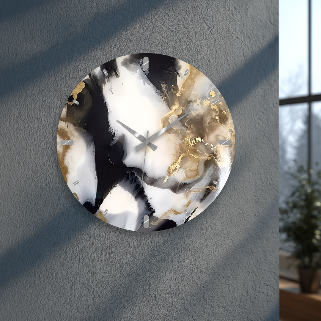 Black and Gold Marble Glass Wall Clock – Abstract Luxury Decor