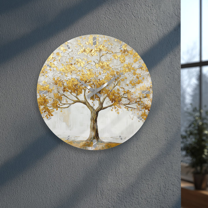 Gold Tree of Life Glass Wall Clock – White and Gold Modern Decor