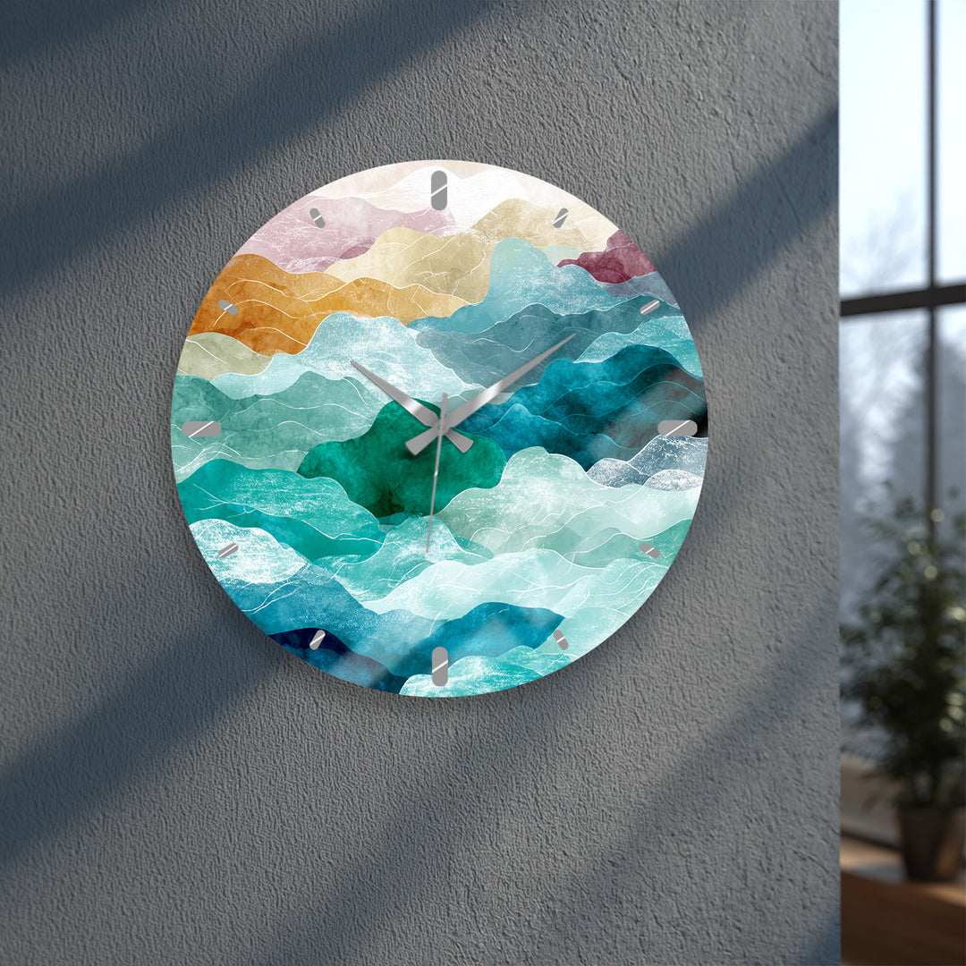 Abstract Mountain Glass Wall Clock – Teal Boho Landscape Decor