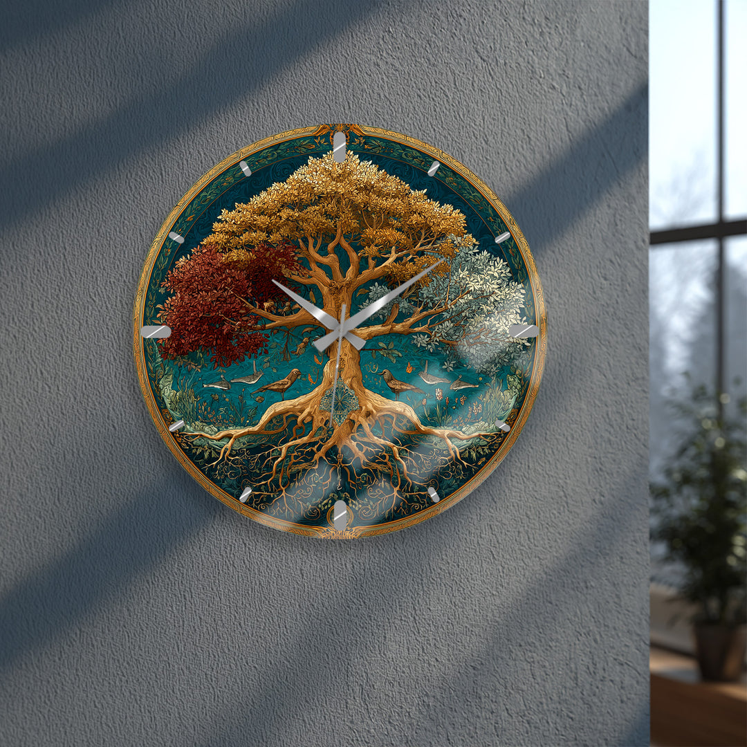 Four Seasons Tree of Life Glass Wall Clock – Botanical Decor
