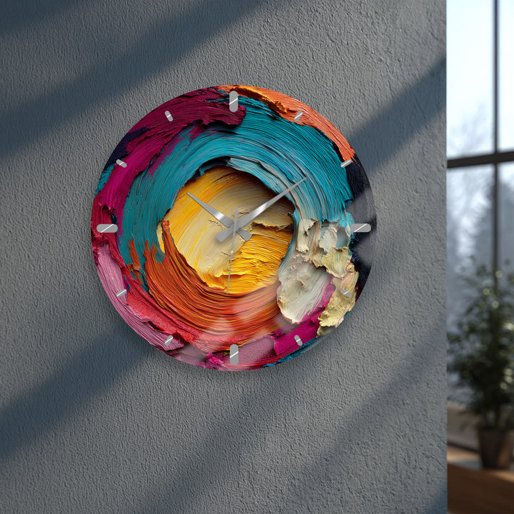 Colorful Abstract Glass Wall Clock – Vibrant Impasto Swirl Art