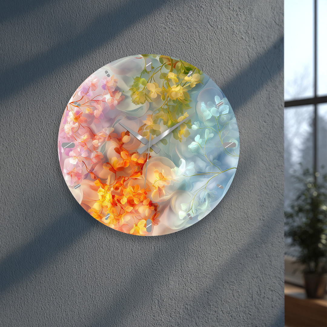 Pastel Floral Glass Wall Clock – Dreamy Botanical Decor