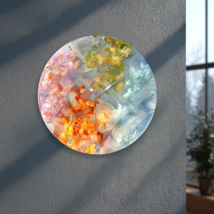 Pastel Floral Glass Wall Clock – Dreamy Botanical Decor