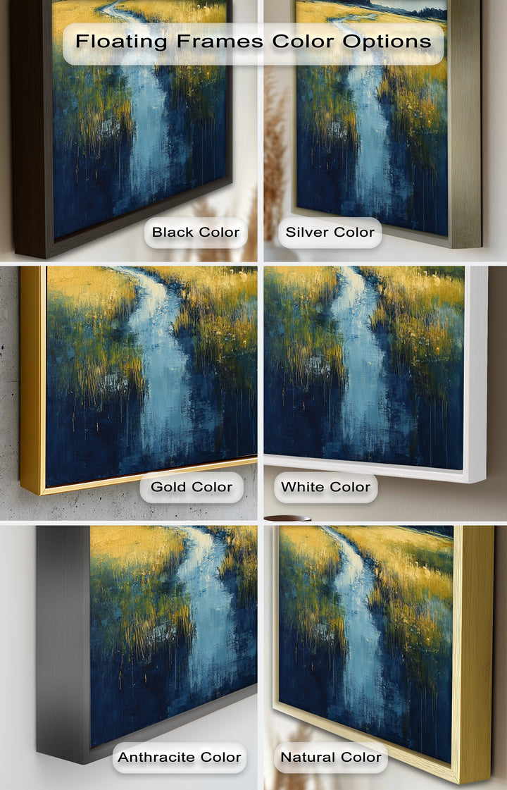 Golden Fields and Blue Stream – Contemporary Landscape Oil Painting
