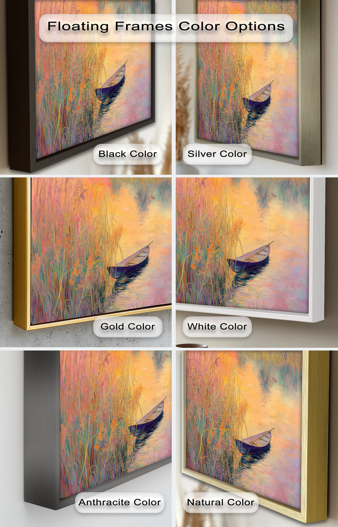 Golden Reeds and Sunset Rowboat – Impressionist Oil Painting