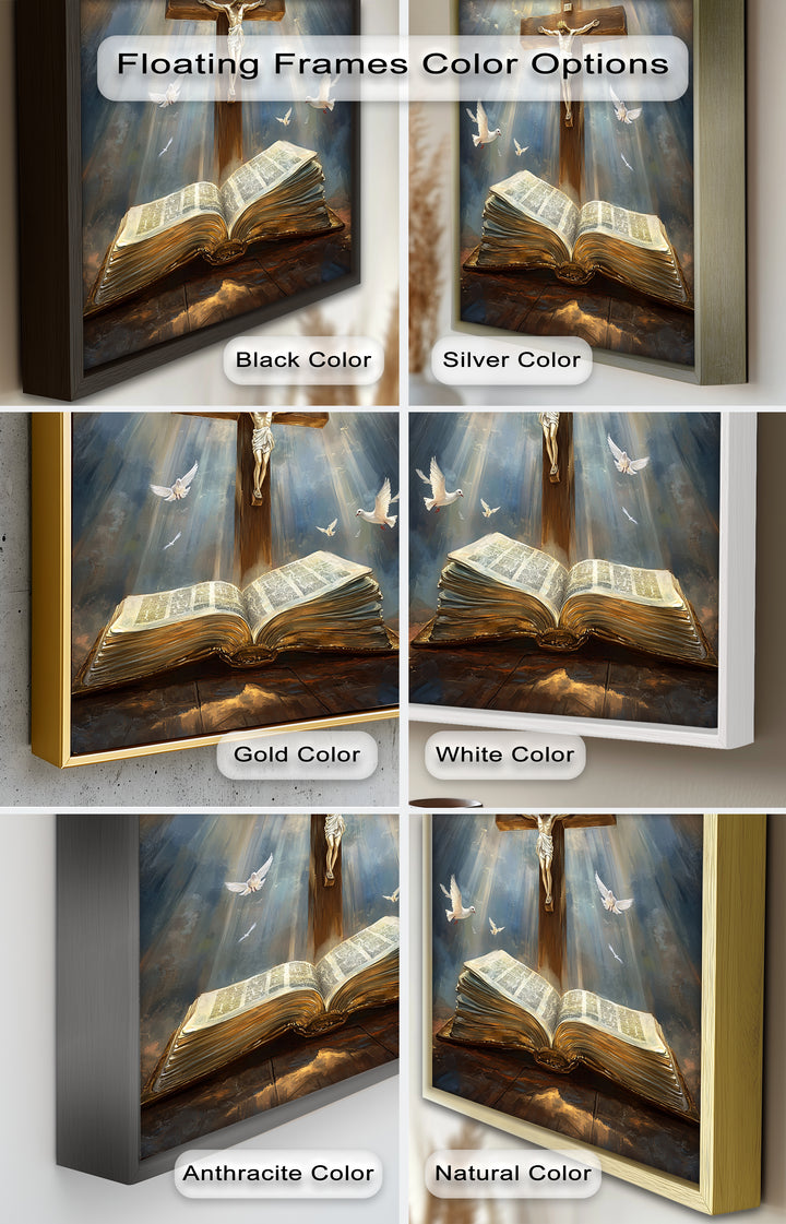Jesus on the Cross with Open Bible and Doves - Oil Painting