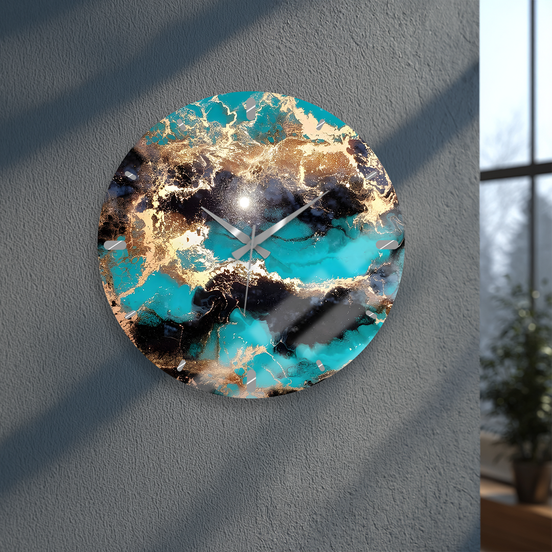 Turquoise and Gold Glass Wall Clock – Abstract Marble Decor