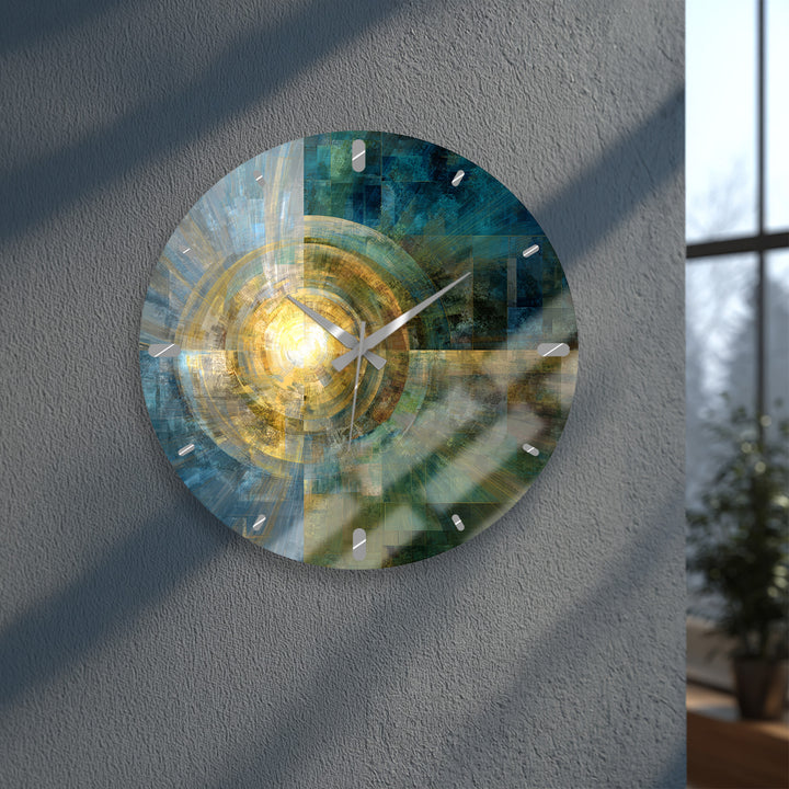 Teal and Gold Glass Wall Clock – Abstract Geometric Art