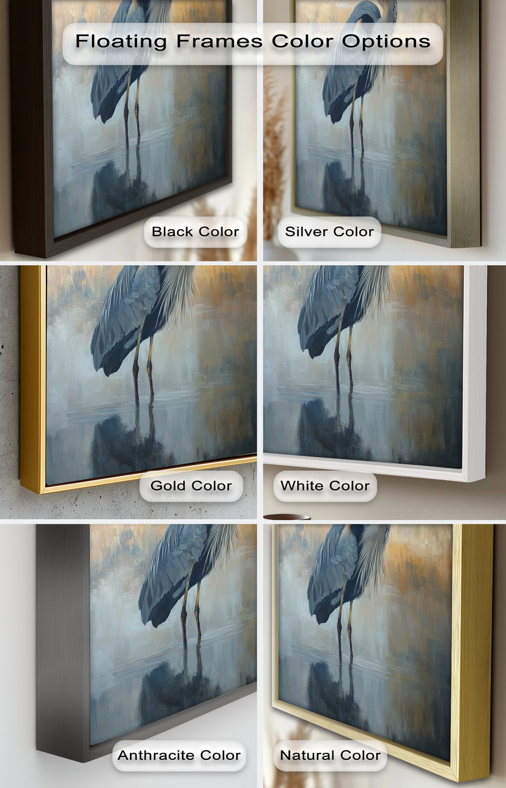 Heron in Misty Marshland - Framed Oil Painting