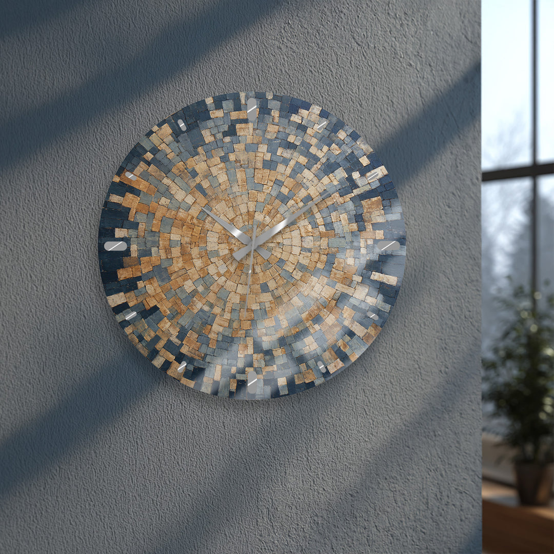 Blue Mosaic Glass Wall Clock – Beige Geometric Circle Art Decor