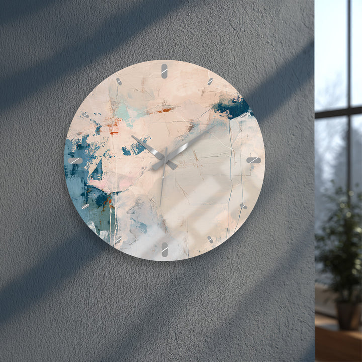 Neutral Abstract Glass Wall Clock – Beige and Blue Modern Decor