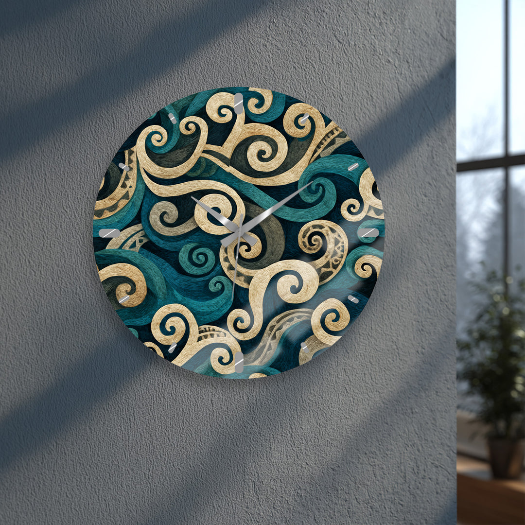 Teal Spiral Glass Wall Clock – Blue and Beige Abstract Swirl Art