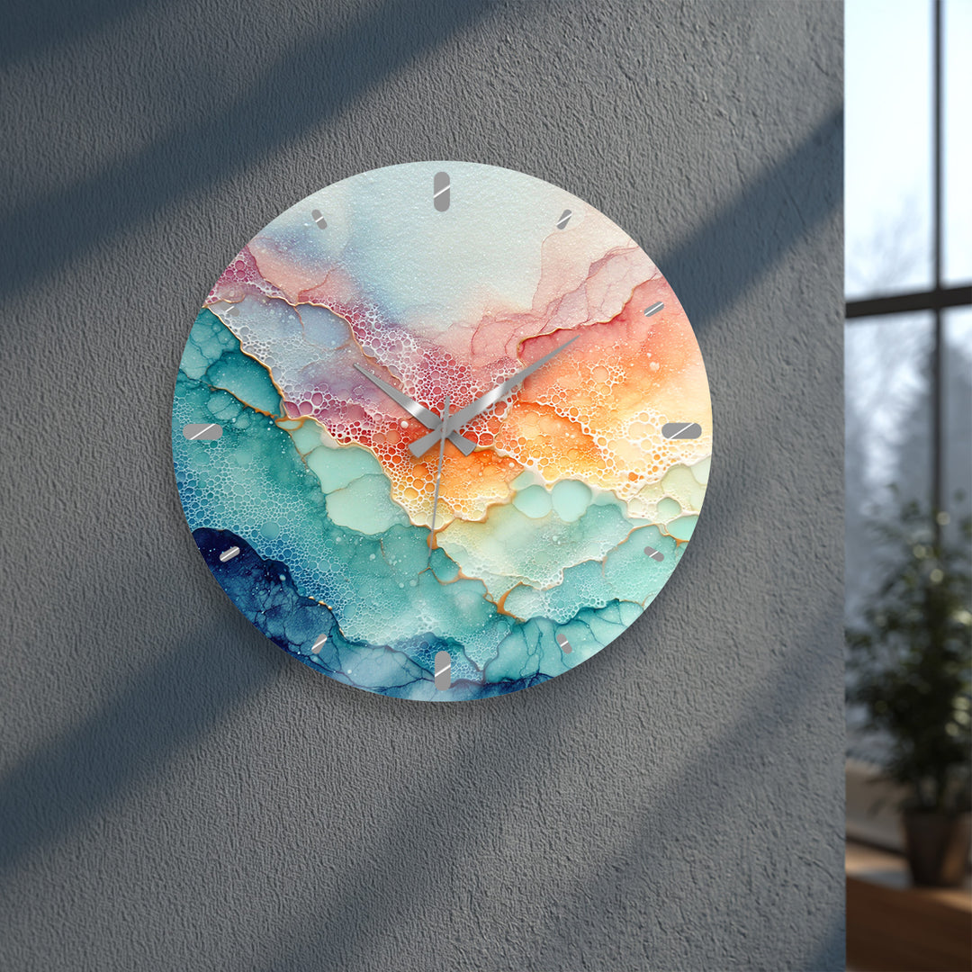 Pastel Fluid Art Glass Wall Clock – Pink and Teal Abstract Decor