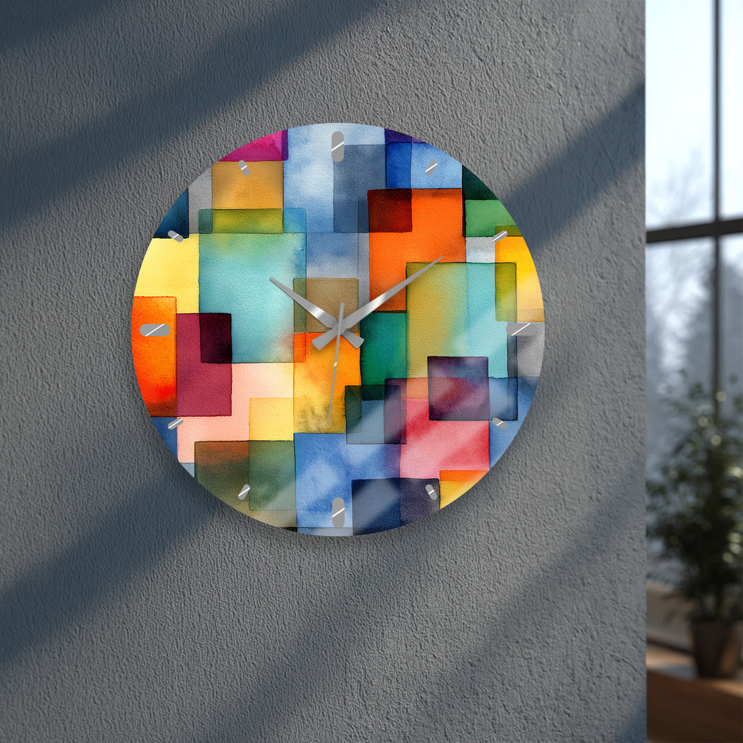 Colorful Geometric Glass Wall Clock – Abstract Color Block Art