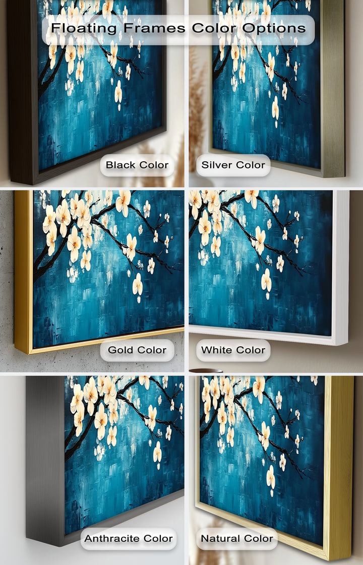White Blossoms on Blue Wall Art – Floral Oil Painting