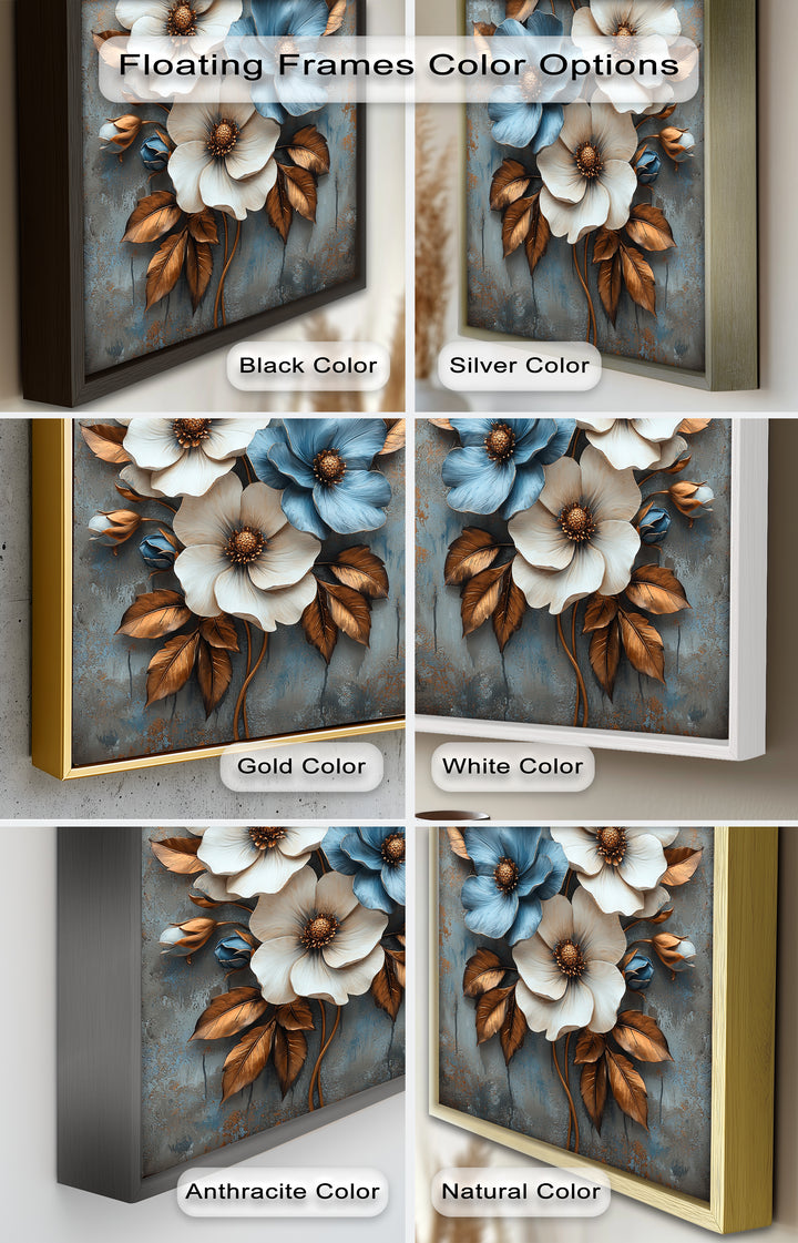 Gilded Petals – Luxuriöses Ölgemälde mit weißen und blauen Blumen